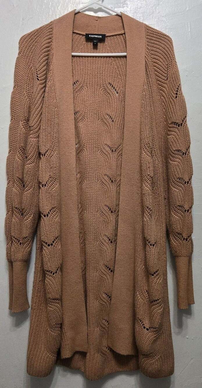 Express Cardigan Sweater Size M Tan Open Front Hollow Out Knit
